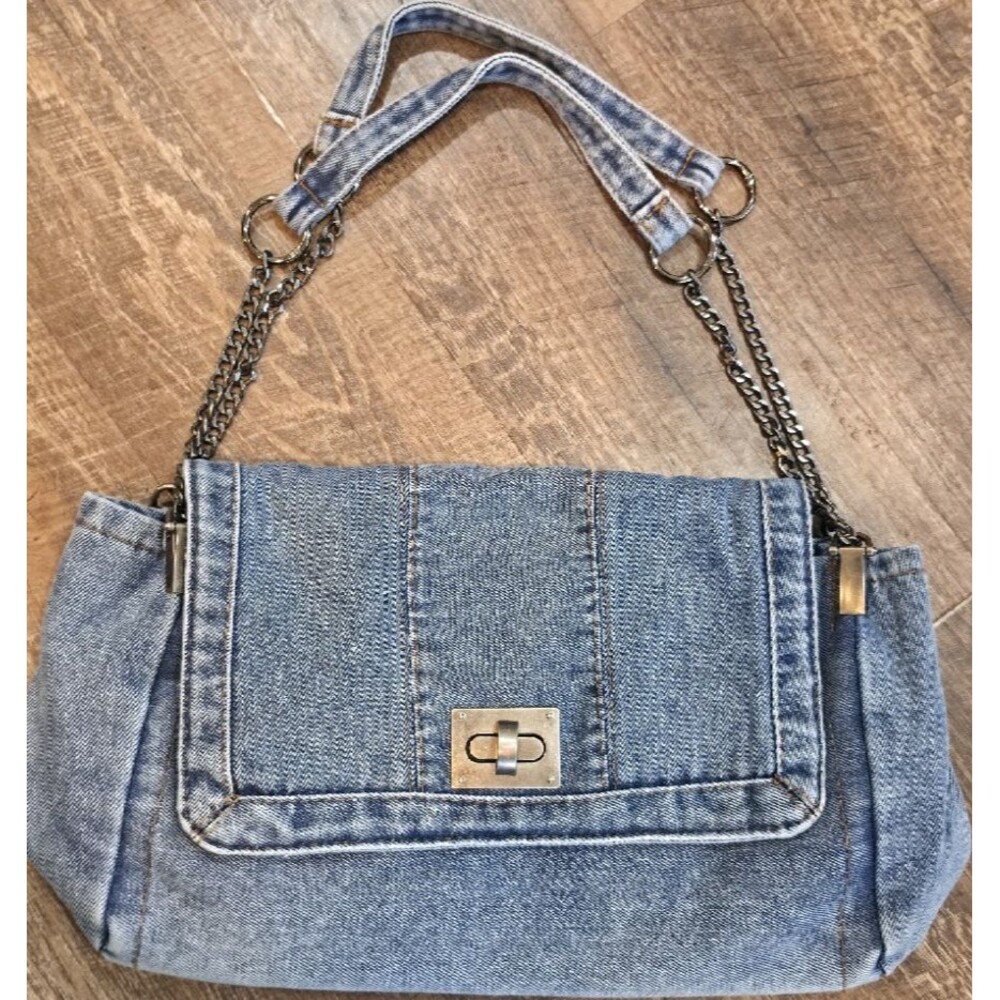 Blue Distressed Shoulder Bag Chain Strap Turn Lock Silver Hardware Women
